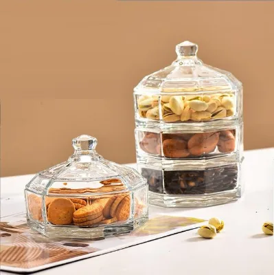 Glass Candy Jar Multifunctional Three Layers Sweets Sugars Storage Pot Octagonal Storage Glass Sugar Pot Candy Jar with Lid