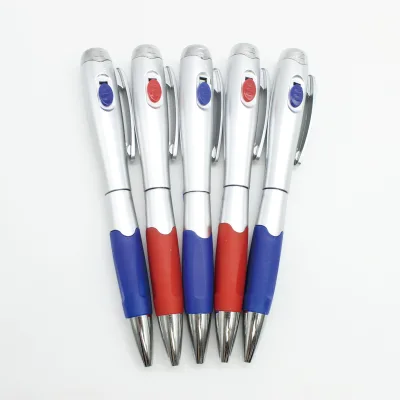 Hot Seller Multicolor Silver Aluminum Plastic LED Ballpoint Pen with Flashlight Top Non and Plastic Pocket Clip for Office Work