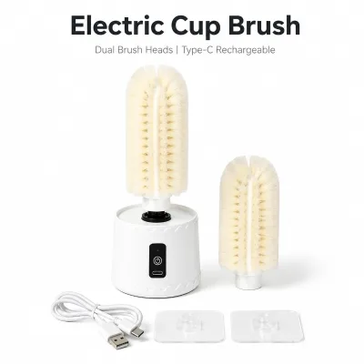 Rechargeable Electric Cup Brush with Dual Replaceable Brush Heads a Cleaner and More Convenient Way to Wash Everyday Cups