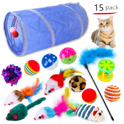 Cat Toys Set - Bell Balls  Mouse Plush Toys Feather Teaser & Collapsible Tunnel Interactive Play Toys for Cats & Kittens