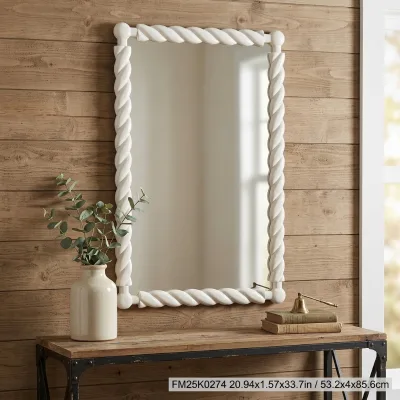 White Twist Rope Wood Frame Wall Mirror Rectangular Decorative Hanging Mirror Wall Mount Mirror for Bedroom Living Room Decor
