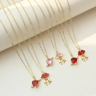 Pink and Magenta Heart Pendant Necklace Double Hearts Bow Charm CZ Cubic Zirconia Gold Plated Jewelry Gift for Lovers Couples