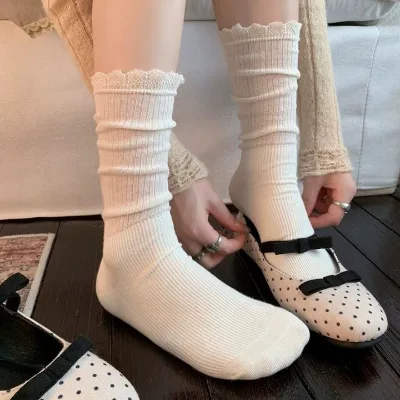 Mushroom Lace Mid-calf Stockings Slimming and Shaping Stockings JK Simple and Versatile Long Pile Socks