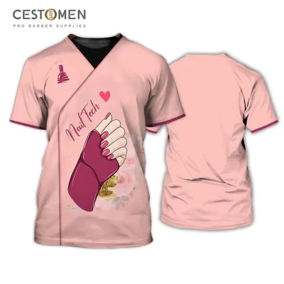 CESTOMEN Low MOQ Custom Logo 3D Print Nail Tech Uniform Smock Barber Shop Nail Salon T Shirt for Nail Artsist Hair Stylist