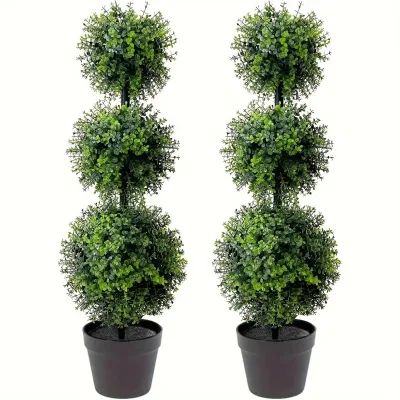 Artificial Triple Ball Boxwood Topiary Tree Shrub Sunlight Resistant Leafy Potted Plant Plant for Porch Home Office Outdoor Tree