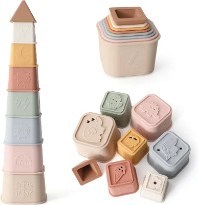 Set of 6pcs, Silicone Stacking Cup Bath Toys, Silicone Educational Stacking Cups Set Toys,Montessori Educational Toys