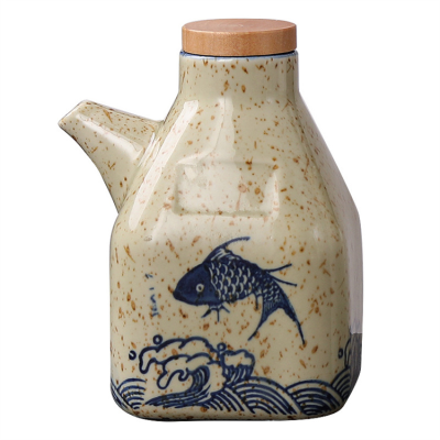 Harmony Hot Selling Kitchen Food Bamboo Cover Porcelain Soy Sauce Vinegar Spice Jar Japanese Style Seasoning Pot