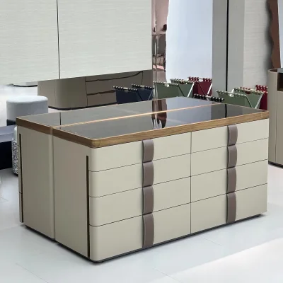 Luxury Multi Drawer Jewelry Island Cabinet Microfiber Leather Upholstered Walnut Veneer Glass Top Storage Chest for Cloakroom