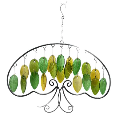 Curved Iron Frame Hot Melt Glass Leaf Wind Chime Suncatcher Ornament Nature Style Hanging Decor Balcony Sunroom Covered Patio