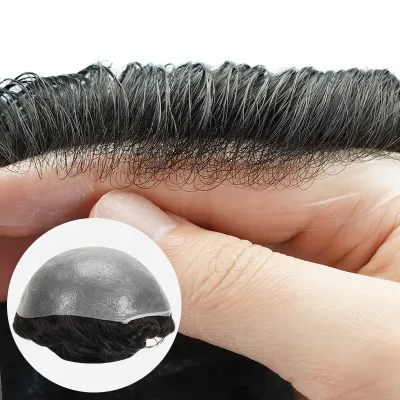 100% Indian Remy Virgin Hair Toupee for Men 0.02 V-Looped Ultra Thin Skin PU Technique Men's Human Hair Toupee