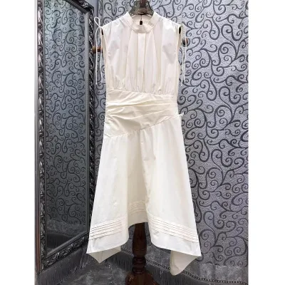 100%Cotton Dress 2026 Spring Summer Fashion Women Stand Neck Drawstring Shoulder Sexy Asymmetrical Style Dress Blue Beige Black