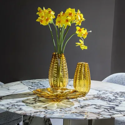 Modern Irregular Hand-Blown Amber Gold Art Glass Bud Vase Set White Raised Dots Textured Sculptural Centerpiece for Hotel Decor