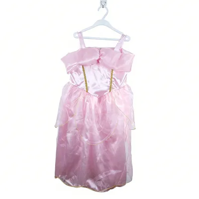 Little Girls Pink Princess Cosplay Fancy Dress Skirt Satin Tulle Spaghetti Straps Gold Trim Children TV/Movie Birthday Party