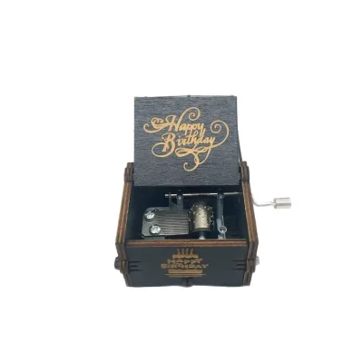 Black Hand Crank Wooden Music Box Happy Birthday Melody Laser Engraved Mechanical Musical Box
