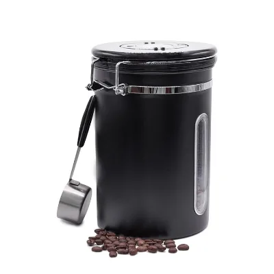 Classic Black Stainless Steel Metal Canister with Window for Fresher Coffee Ground or Beans