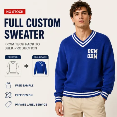 OEM Sweater Factory Gentlemen Royal Blue Striped Trim Heavyweight Cotton Blend Oversized Loose Pullover V-neck Sweater