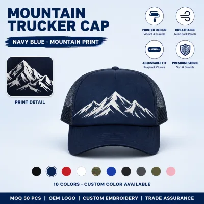 OEM ODM Navy Blue Trucker Cap Custom Printed Graphic Curved Brim Breathable Mesh Bulk