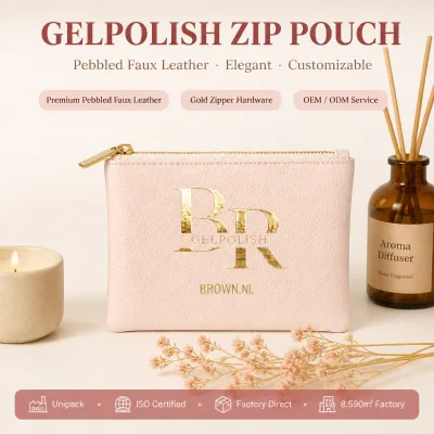 Custom Printing Logo PU Leather Small Square Zipper Coin Pouch with Gold L Shape Zipper Nail Gel Polish Packaging Bag