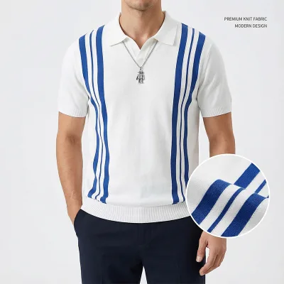 2025 Summer Men's Bamboo Polo Shirt Slim Fit Casual Short Sleeve Striped Color Blocking Breathable Cooling Knit Top