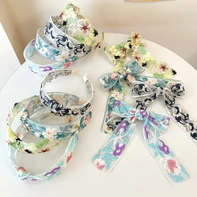 New Spring/Summer Green Floral Cotton Linen Embroidery Headband Knotted Hair Band Green Bow Hair Clip Hair Accessories