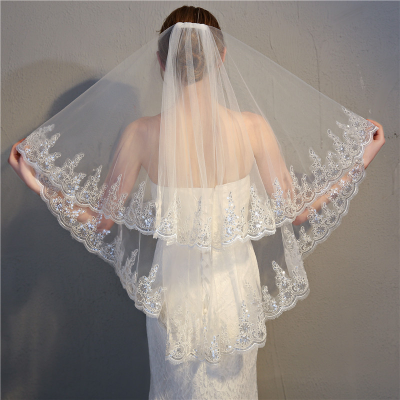 White Veil Wedding Bridal Veil-Exquisite Sequined Lace Bridal Veil & Headpiece-Model