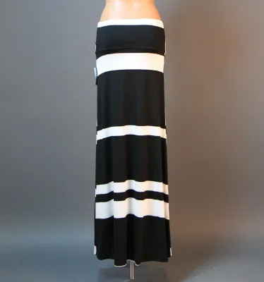BLACK WHITE COLOR BLOCKED MULTI WAY WAIST RAYON JERSEY KNIT FULL LENGTH SKIRT
