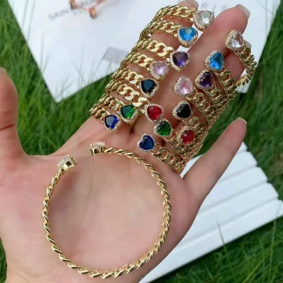 rainbow rhinestone gold plated Cuban bangles rings open size colorful heart design bracelet