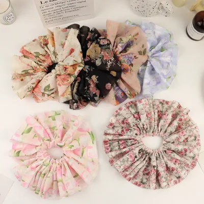 Women French Design Flower Elastic Hair Band Fabric Floral Ruffle Large Hair Scrunchies