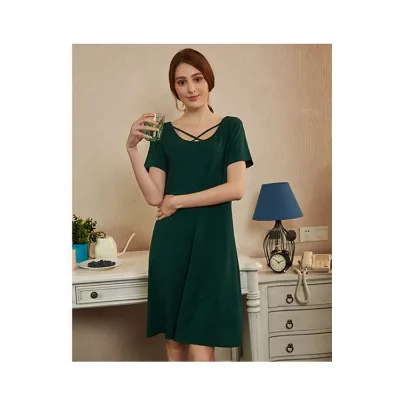 Organic Bamboo Solid Color Short Sleeve Sleeping Wear Dress Pajamas Woman 95% Bamboo 5% Spandex Pajamas