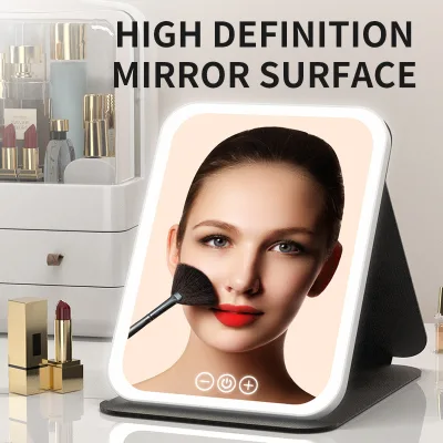 LED Portable Foldable Rechargeable Makeup Mirror with Leather Shell Plastic & Leather Material Desktop Use
