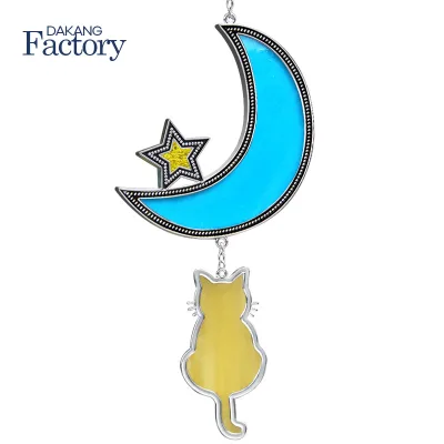 Handcrafted Boho Glass Cat Sun Catcher with Moon and Star for Window Hanging Home and Garden Decor