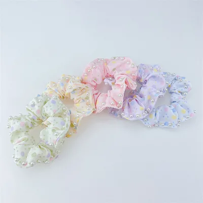 2023 Spring Hand Made Hair Ties With Pearls Dot Print Hair Scrunchies Colorful Hair Ties for Girls