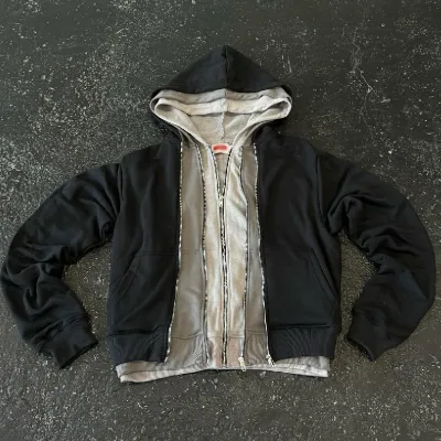 Custom High Quality Heavy Cotton Three Layers Hoodies Boxy Cropped Triple Hoodie for Men 3 Layered Hood Zipper Vintage Hoodie
