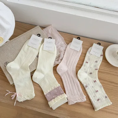 New Product Sweet Girl Style Light Crushed Floral Thin Model Non-stretch Women's Mid-calf Socks