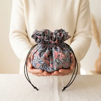Grey Floral Cotton Drawstring Pouch Travel Cosmetic Organizer Bag Makeup Storage Sachet Black Cord for Daily Beauty Essentials