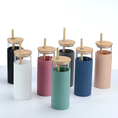 Glass Water Bottles With Lid and Straw Tumbler Coffee Cup,Smoothie Cupsbamboo Tumblers Through Silicone Tumbler
