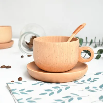 New Design Natural Beech Coffee Three-piece Set Solid Wood Wooden with Handle Coffee Cup Water Cup Tea Cup