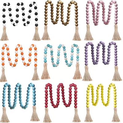 Boho Wooden Bead Garland with Jute Tassel DIY Farmhouse Home Decor Wood Bead String for Wall Shelf Ornament