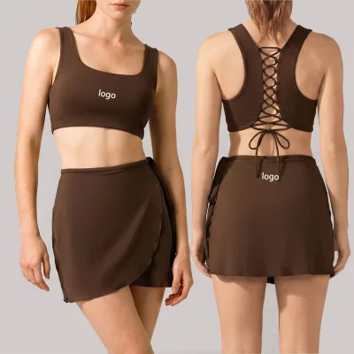 Women Hollow Out Crisscross Back Wrap Tennis Skort Set 2 Piece with Built-in Shorts Gym Fitness Workout Yoga Activewear