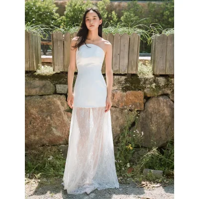 Sleeplate French Style High-end Halter Bridal Morning Gown Dress Lace Embroidery Hollow Backless Evening Floor-Length Cashmere