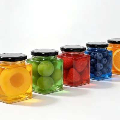 Wholesale square Wide Mouth Empty clear Glass Can Storage Jar with Metal Lid