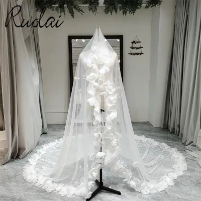 Ruolai VM0112 Luxury Elegant Long Handmade 3D Flowers Cathedral Wedding Veil Bridal Veils