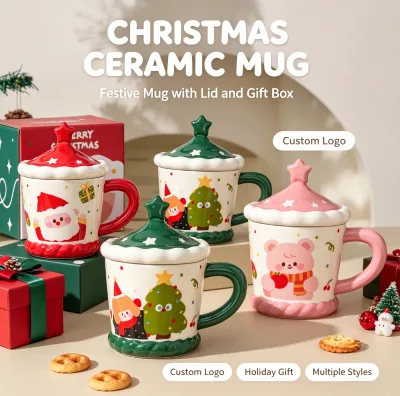 Jiusi Creamic Christmas Gift Box Mug Set with Coffee Cup Lid Spoon Holiday Gift for Friends
