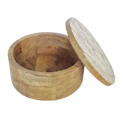 Round laser-engraved joined wooden box made of wood