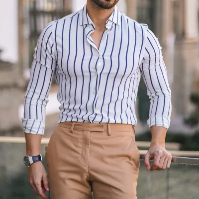 Spring New Men's Long-Sleeved Shirt Striped Men's Casual Cardigan Top
