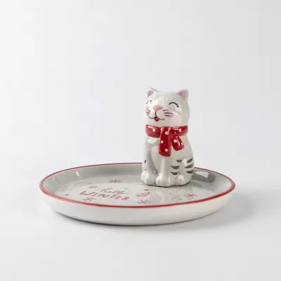 Christmas Cat Design Ceramic Ring Holder Trinket Dish, Custom Accept