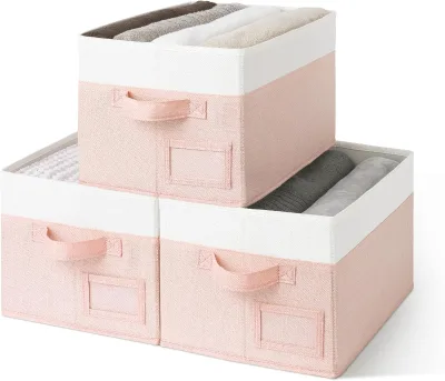Labeled Clothing Organizer Closet Storage Bins Foldable Fabric Pink and Ivory Large Size Set of 3