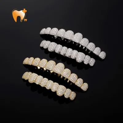 Wholesale Bling Microset Diamond Teeth Grillz With Real Gold Plating for Rapper, Halloween & Party Cosplay