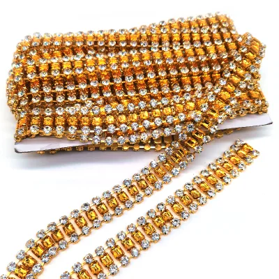 Wholesale Price Rhinestone Garment Decoration Sewing Crystal Strass Cup Chain Topaz Gold Crystal Rhinestone Trimmings