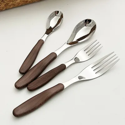 304 Stainless Steel Wooden Handle Dessert Fork Spoon Set Tea Soup Sugar Square Cutlery for Party Travel Home Retro